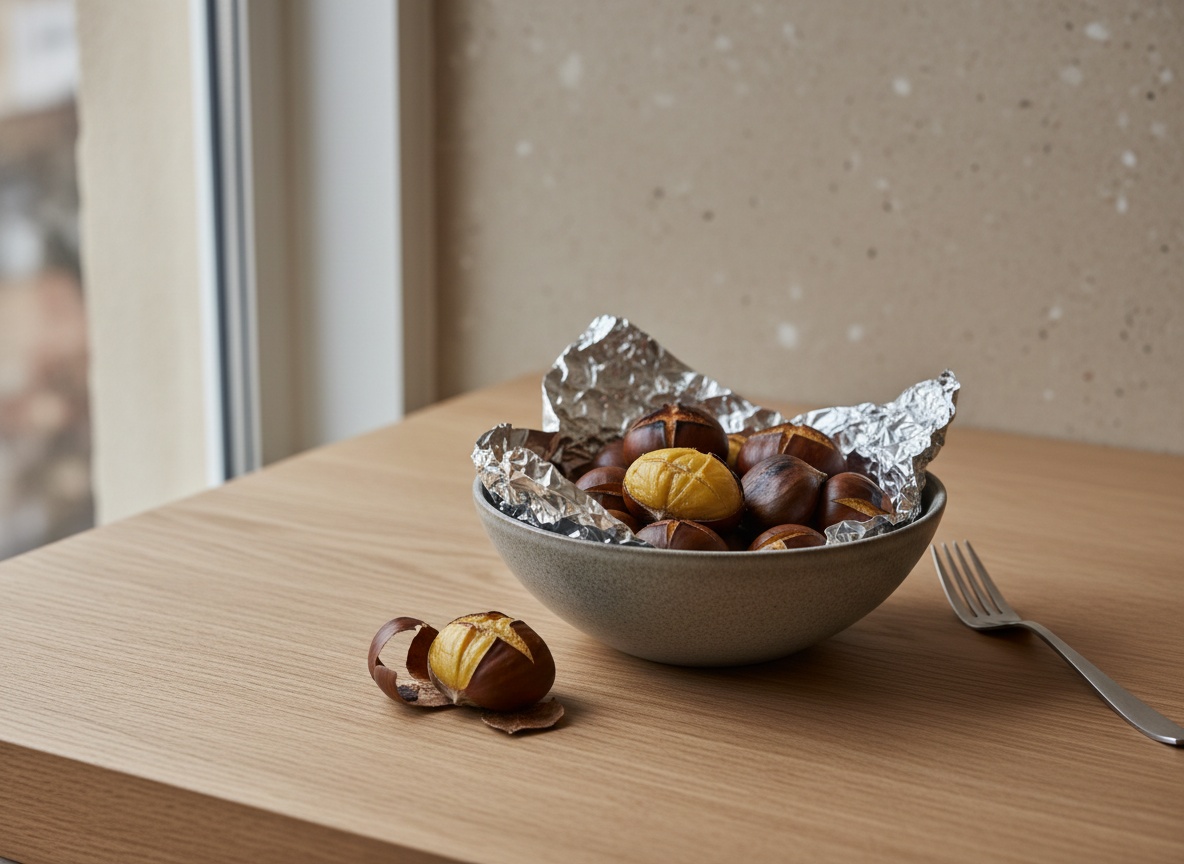 Manos pelando una castaña caliente: cáscara rizada retirada con la piel interior en una pieza, carne dorada entera. Un bol cerámico gris piedra con castañas ya peladas y el resto tapado con aluminio.