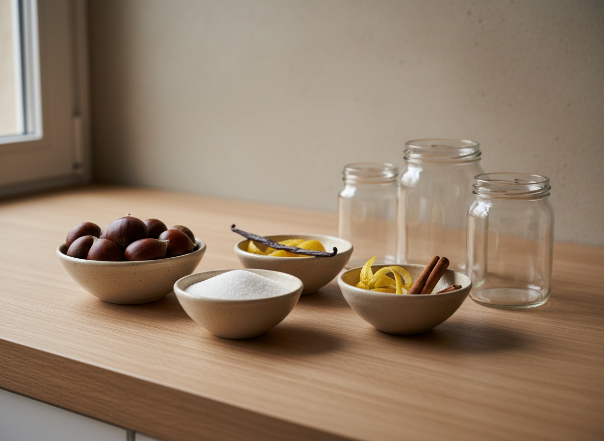 Bodegón de mise en place sobre mesa de madera: castañas frescas, azúcar blanco, una vaina de vainilla, piel de limón, media rama de canela y tres tarros de cristal vacíos, cada ingrediente en su cuenco blanco hueso.