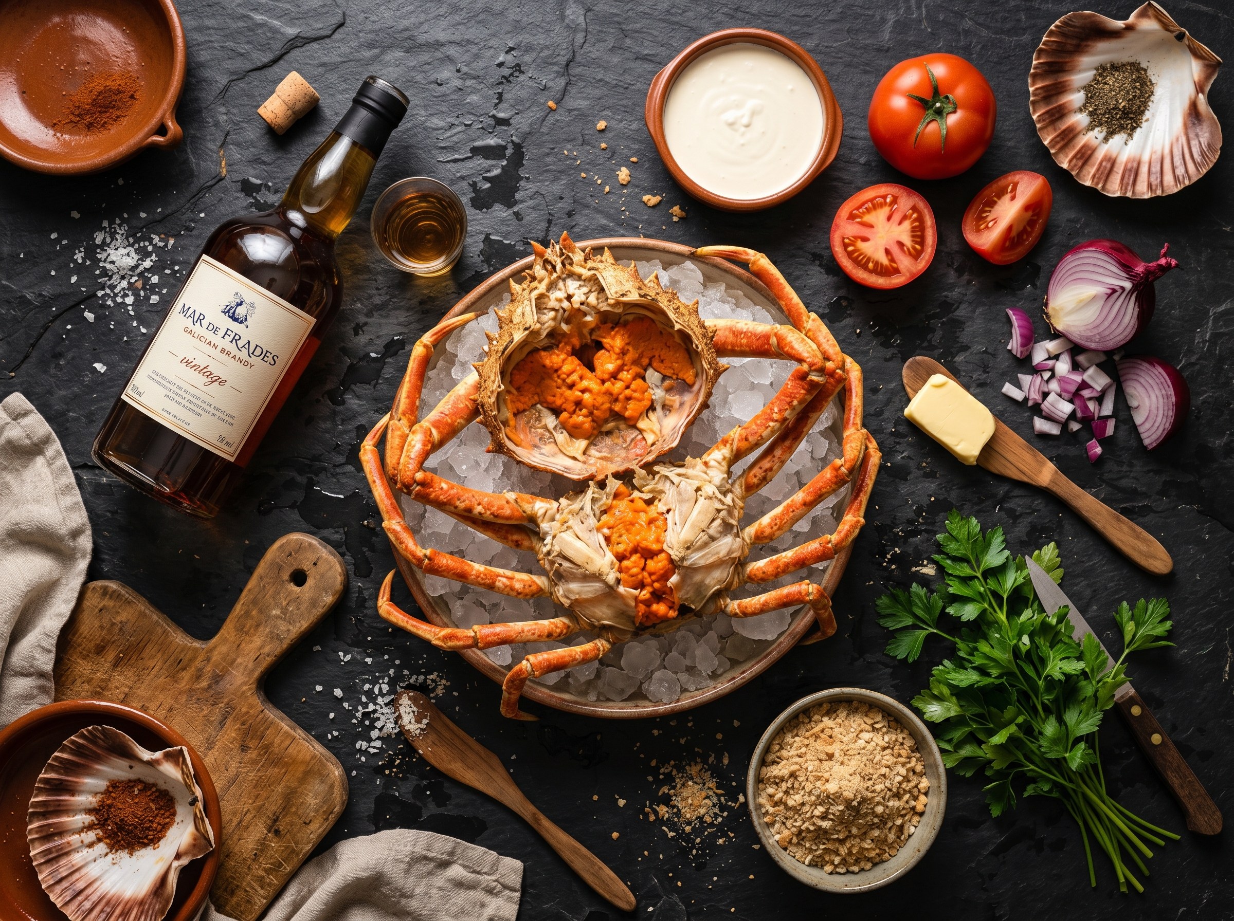 Ingredientes centollo: centollo hembra con coral, brandy, nata, cebolla, tomate, pan rallado