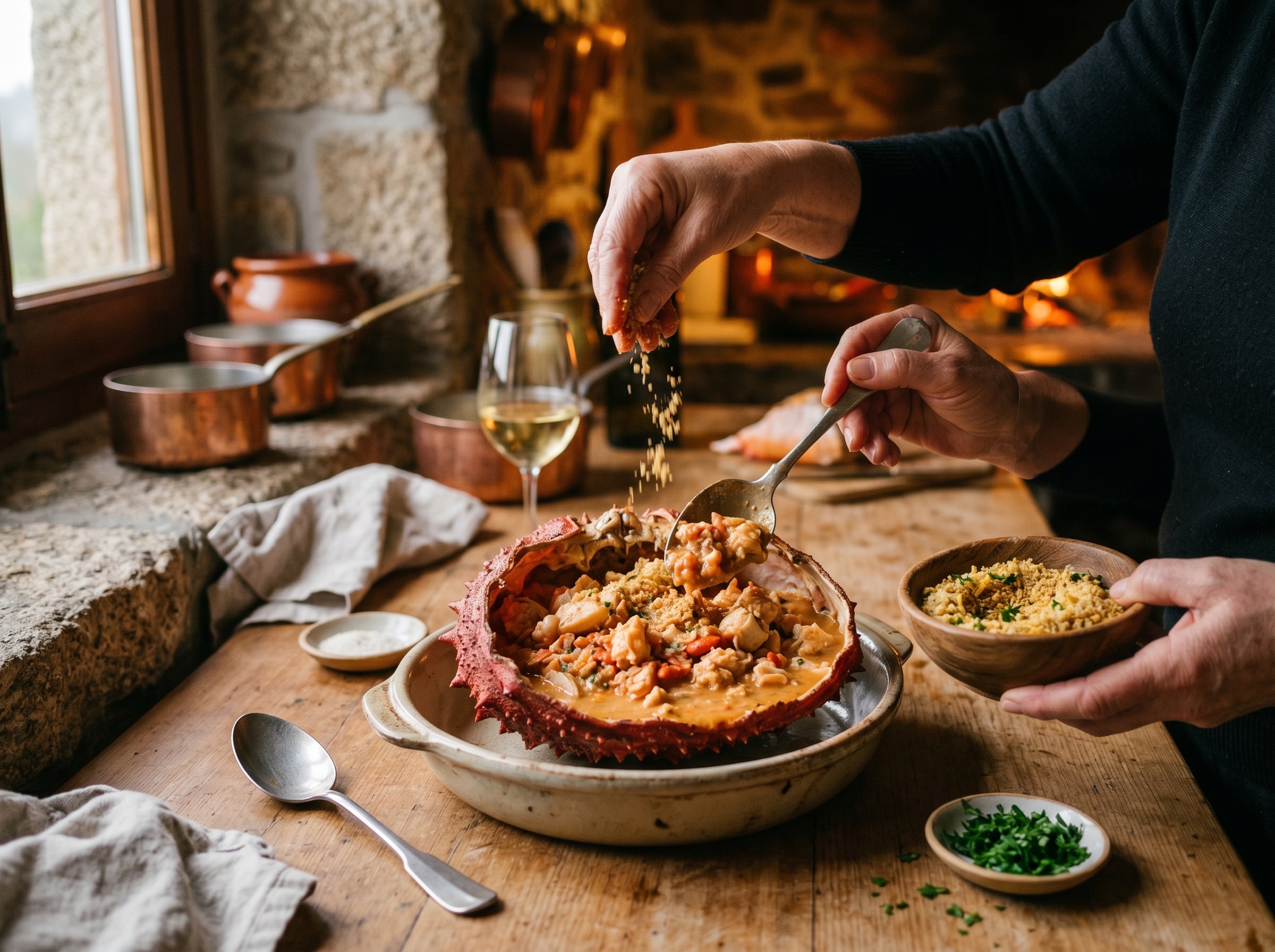 Caparazón del centollo siendo rellenado con carne y bisque de coral