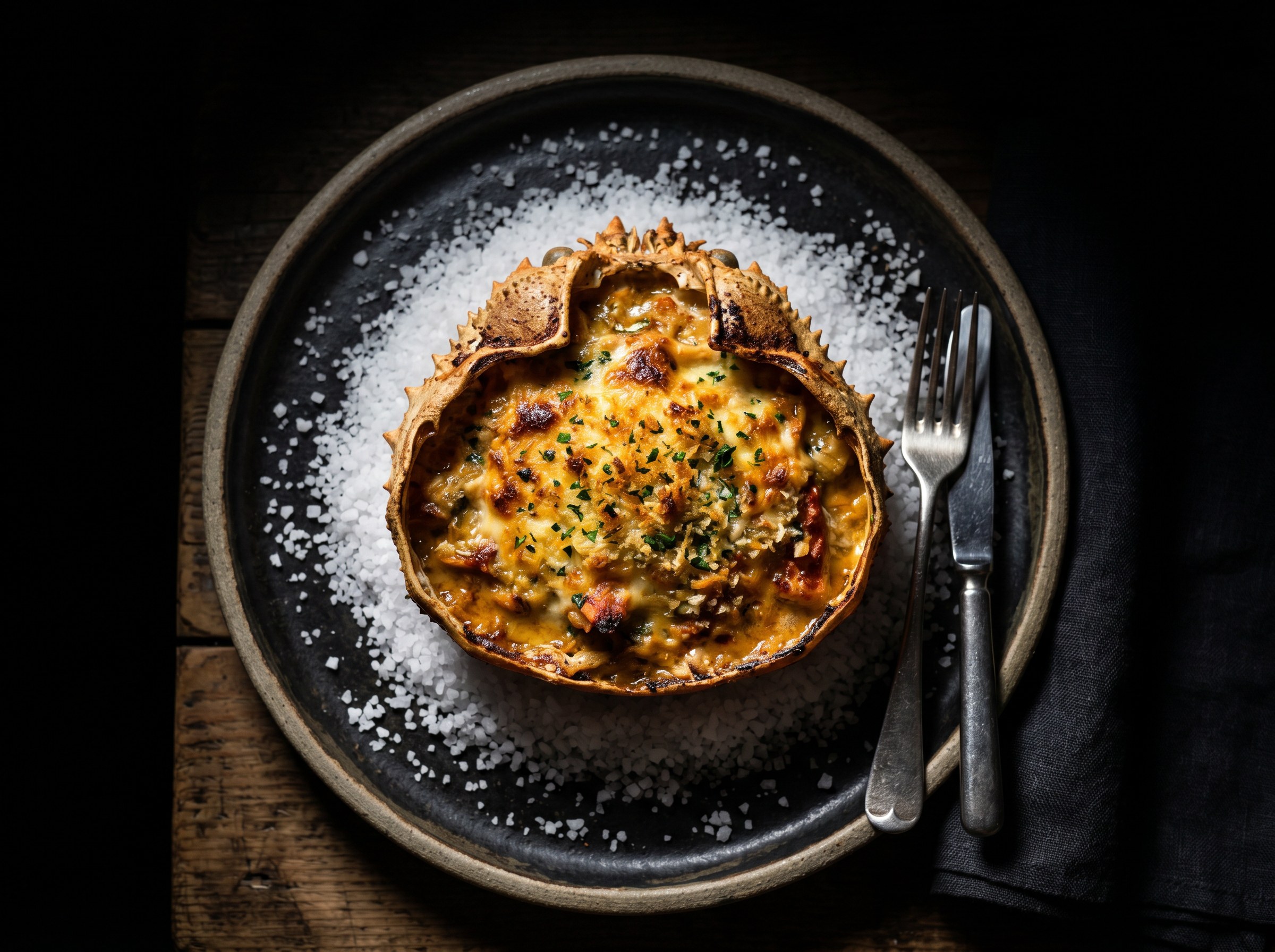 Hero final: centollo gallego relleno con costra gratinada dorada