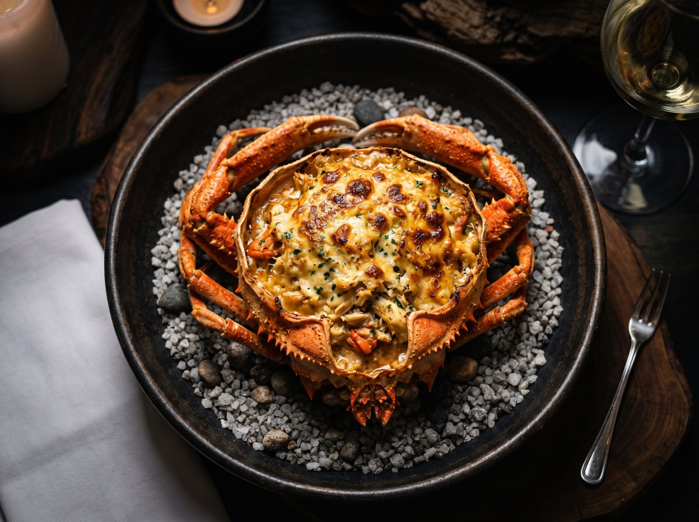 Centollo gallego relleno de su propia carne con bisque de coral