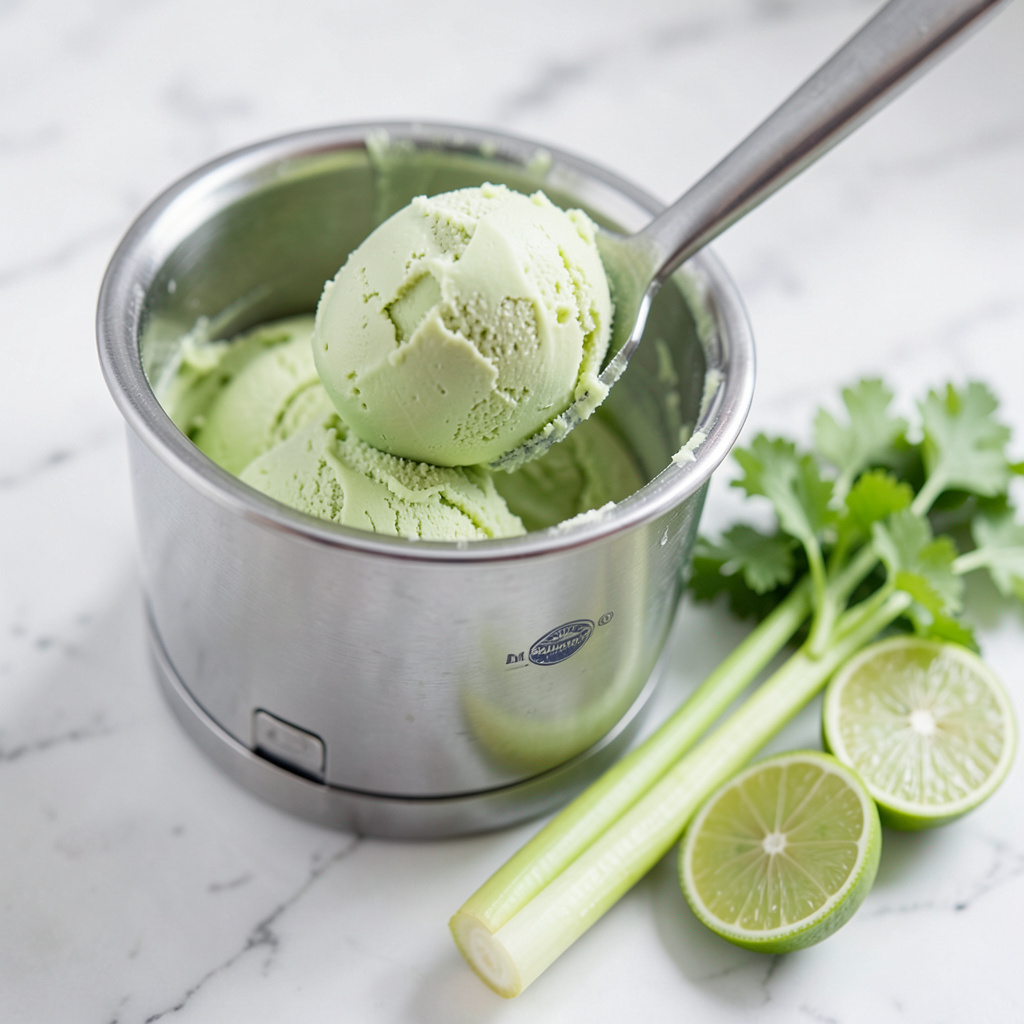 Helado de apio verde pálido en heladera de acero inox