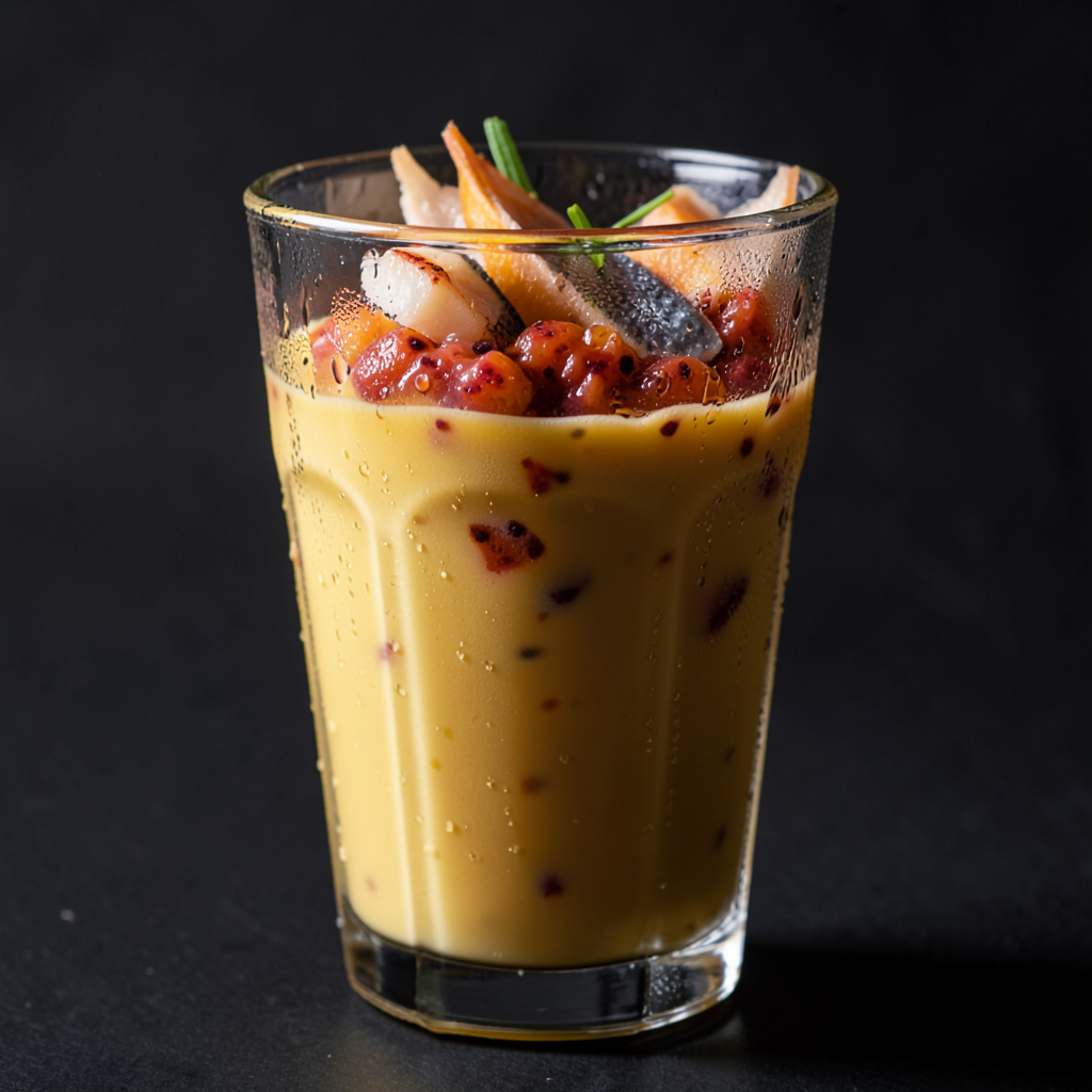 Leche de tigre de maracuyá en vaso con recortes de corvina