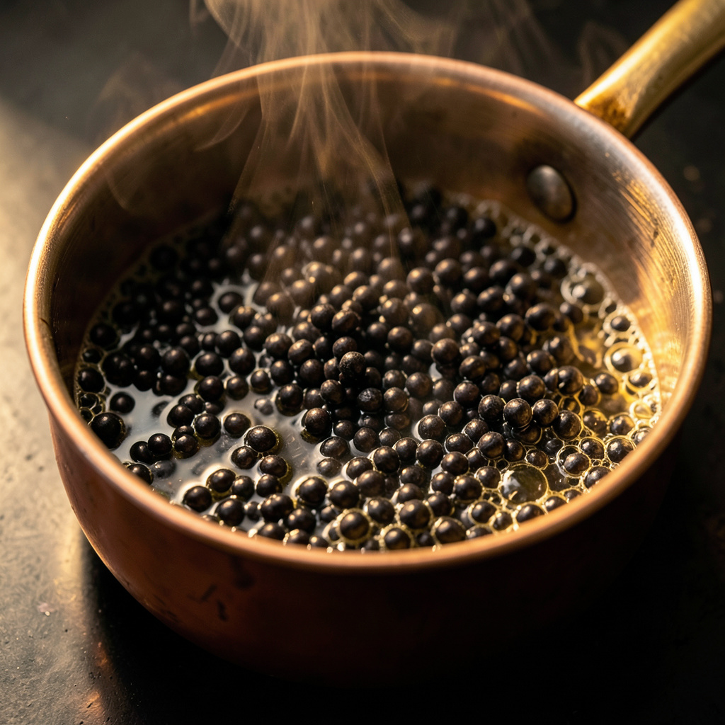 Quinoa negra friéndose en cazuela de cobre a 180°C