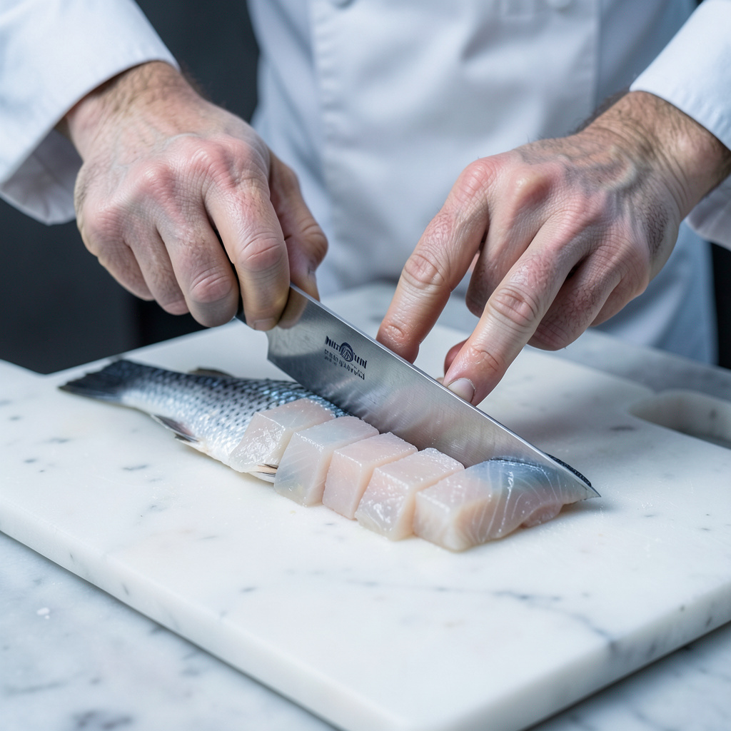 Chef cortando corvina en dados perfectos sobre mármol