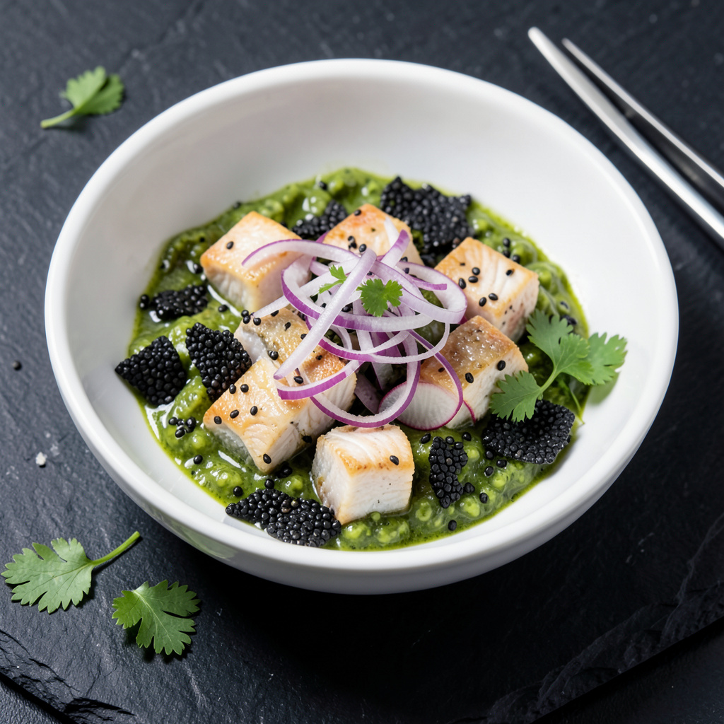 Montaje: corvina sobre aguachile verde con quinoa y cebolla morada