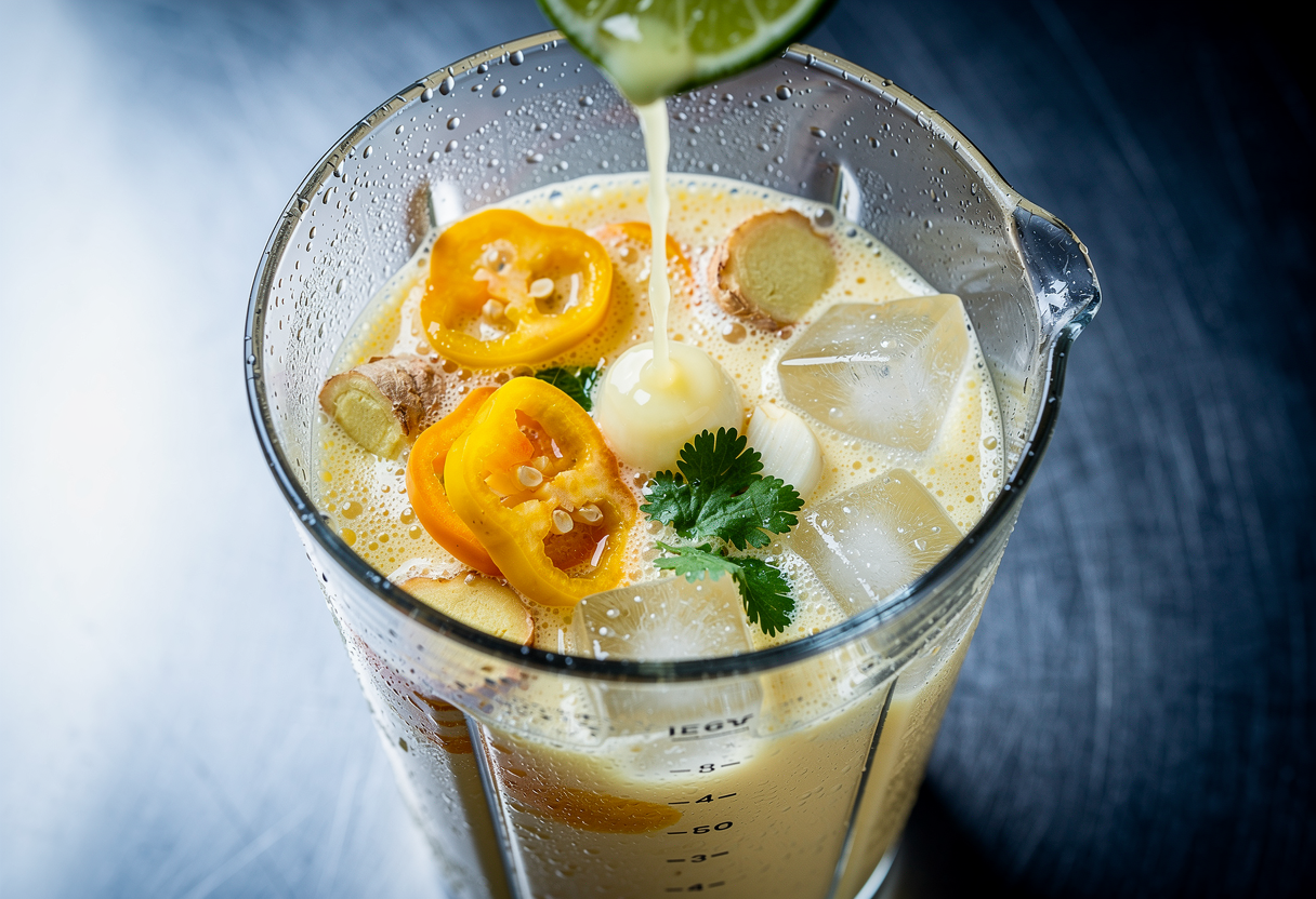 Batidora con ají amarillo, jengibre, cilantro, lima y caldo para leche de tigre