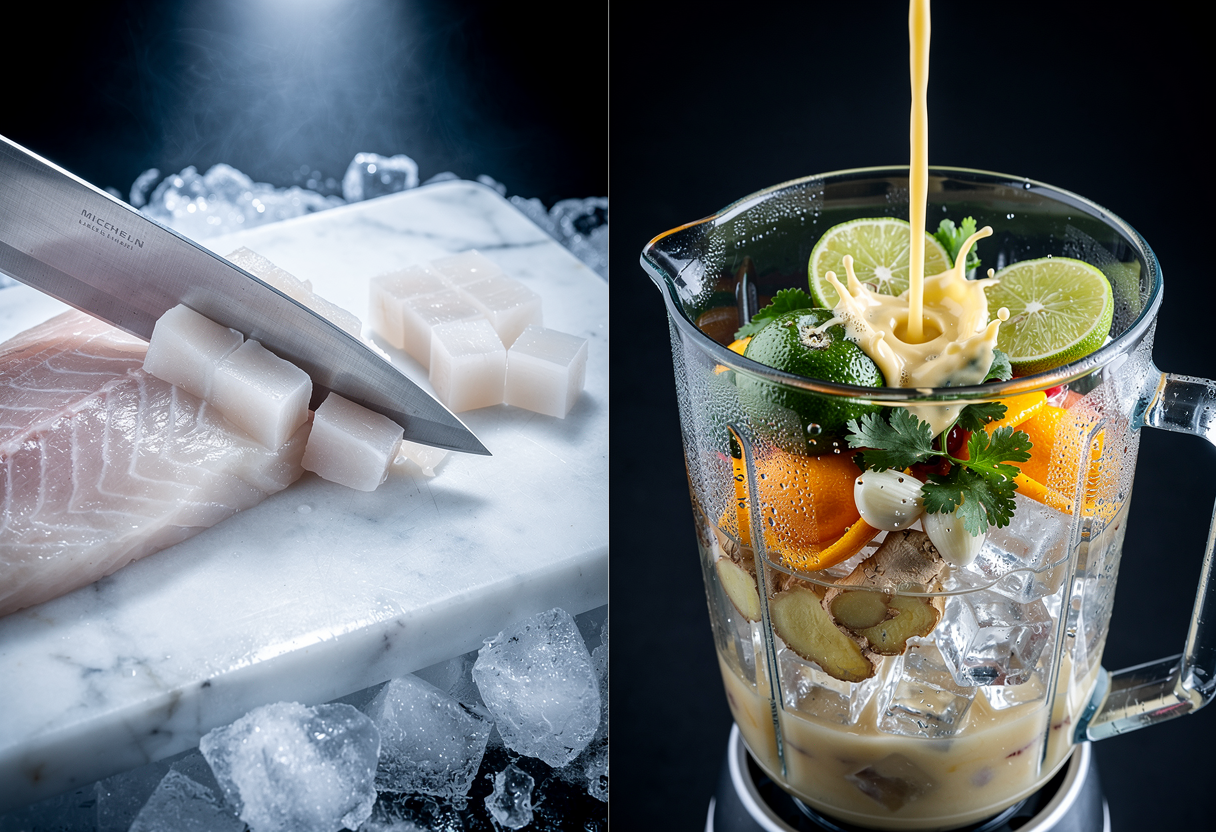Corvina fresca cortada en dados de 1.5cm sobre hielo con cuchillo frío