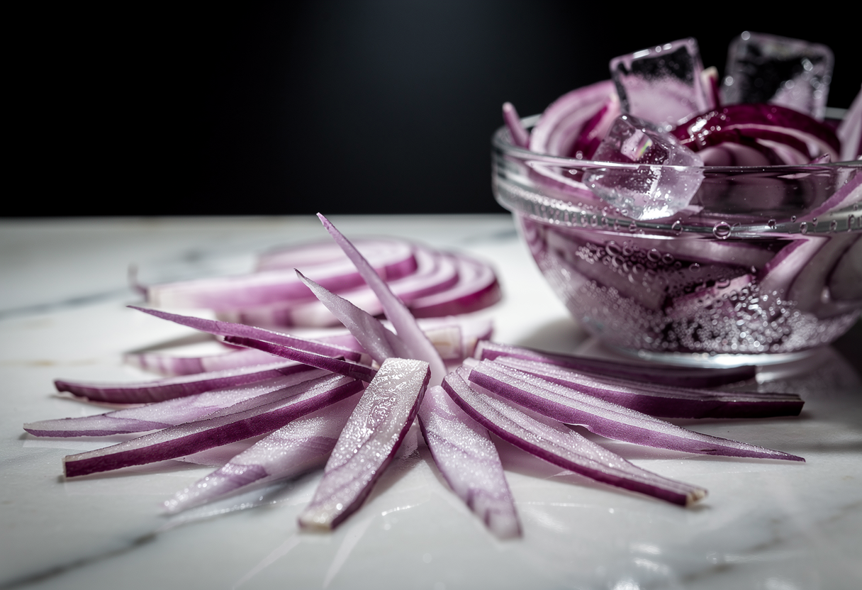 Juliana de cebolla morada lavándose en agua fría con hielo