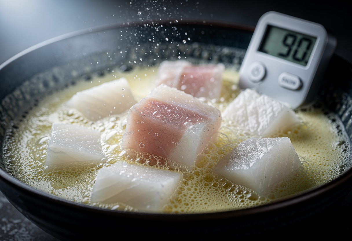 Dados de corvina marinando 90 segundos exactos en leche de tigre
