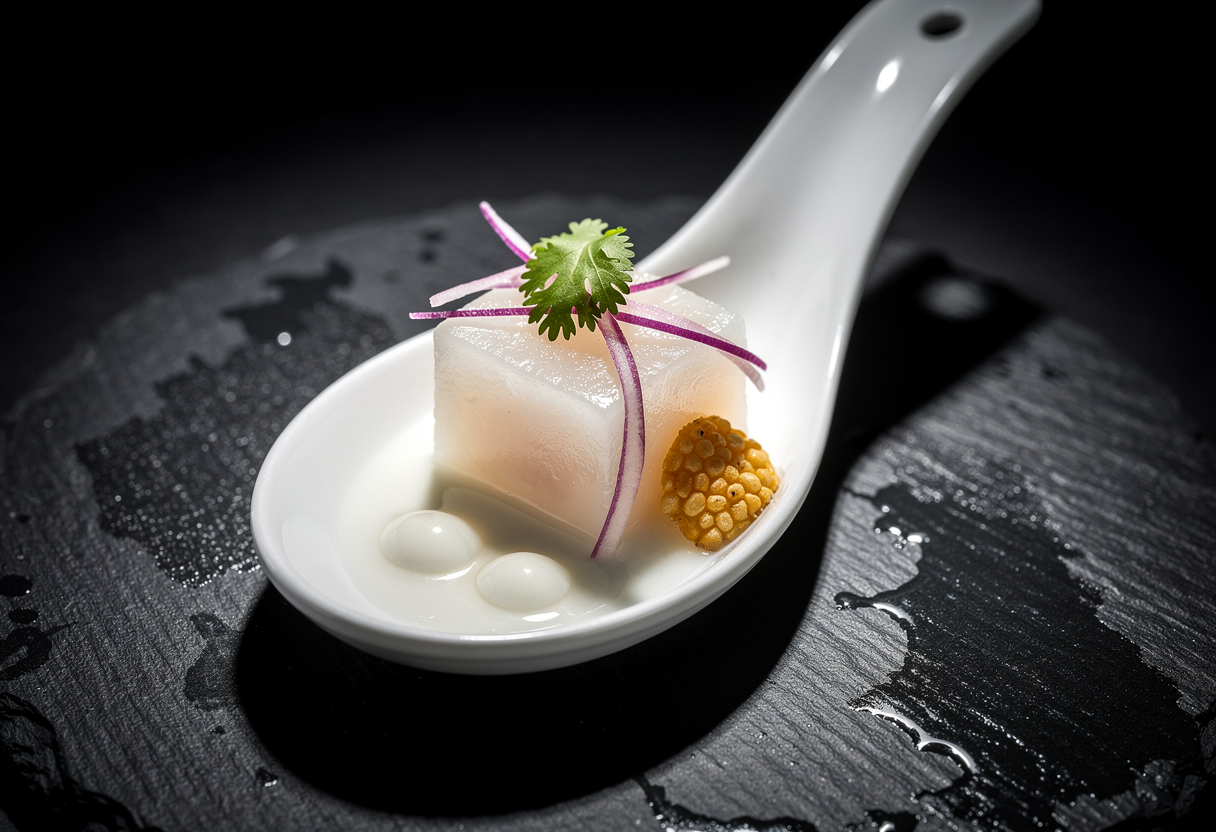 Cucharita de ceviche de corvina en leche de tigre con cancha serrana
