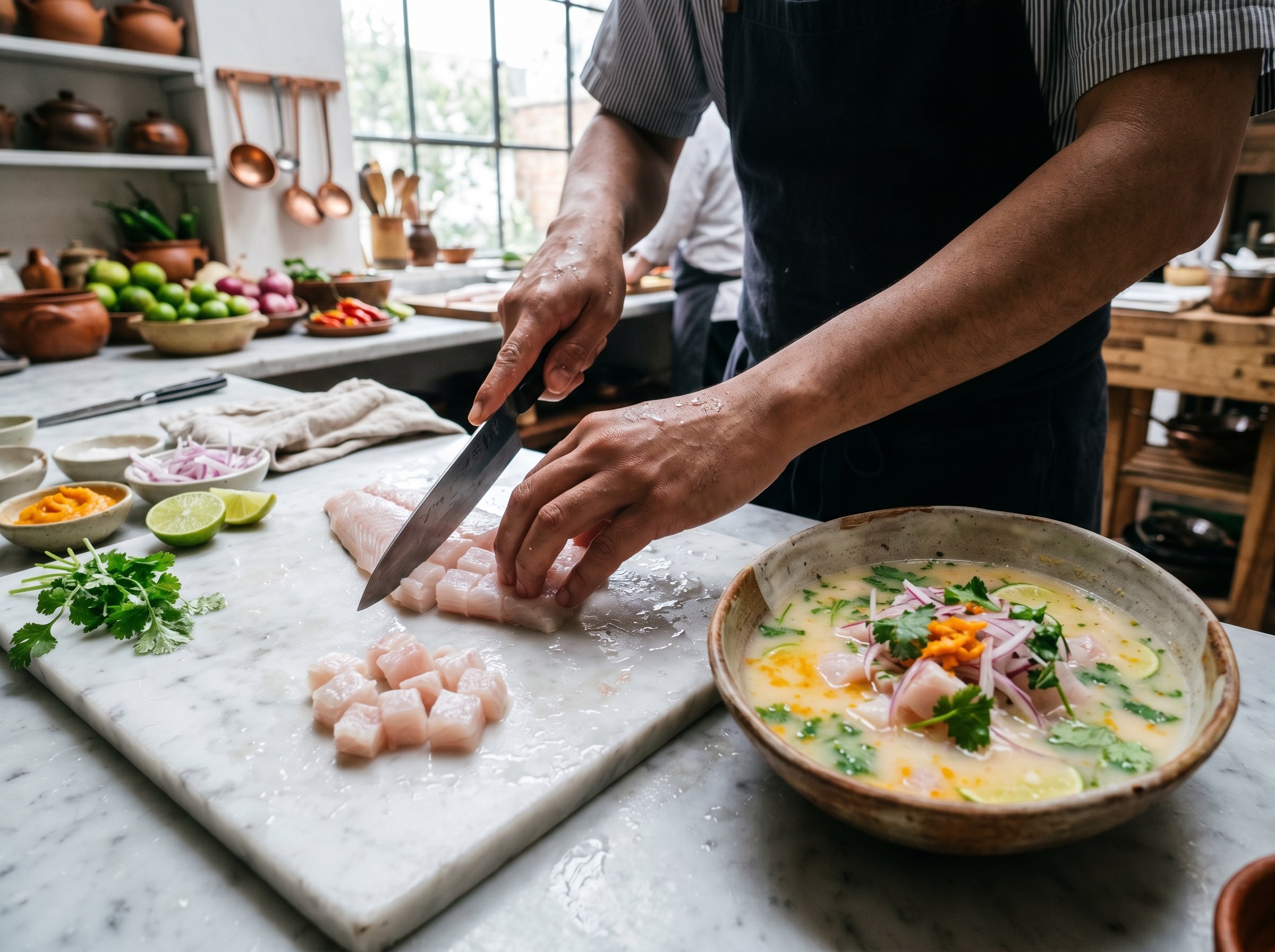 Manos cortando corvina en dados sobre mármol, bol de ceviche montado al lado con leche de tigre