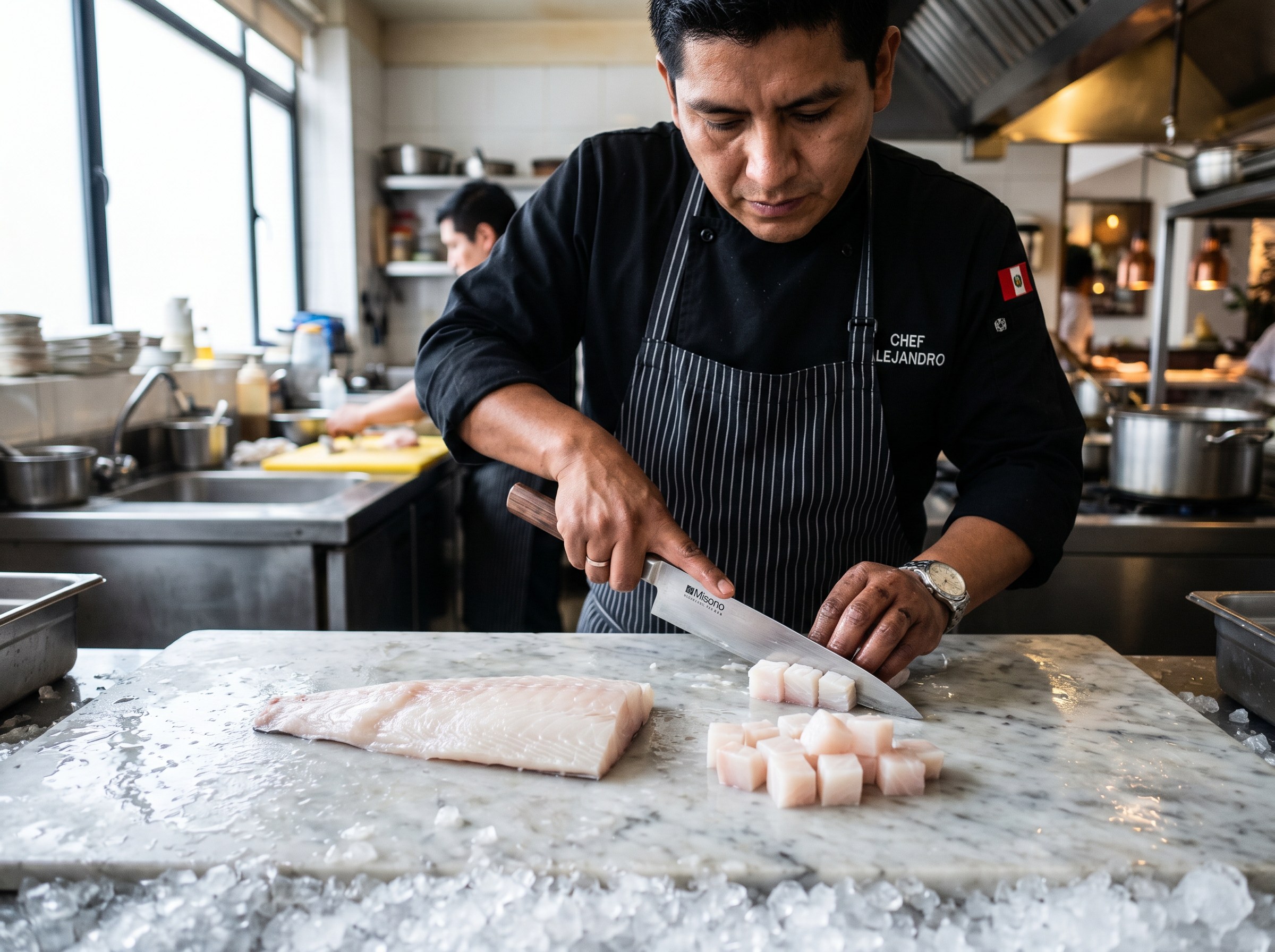 Chef peruano cortando corvina en dados sobre mármol con hielo, sello Perú en chaqueta