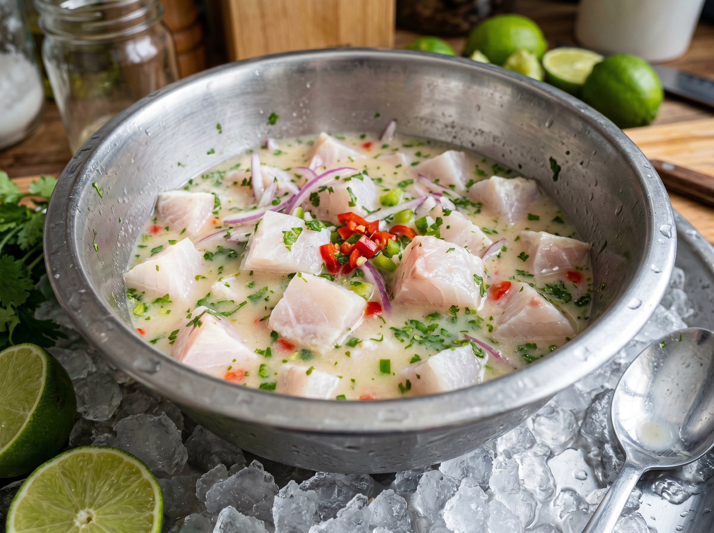 Bowl de acero con dados de corvina marinándose en leche de tigre blanca, cebolla morada y ají, sobre cama de hielo