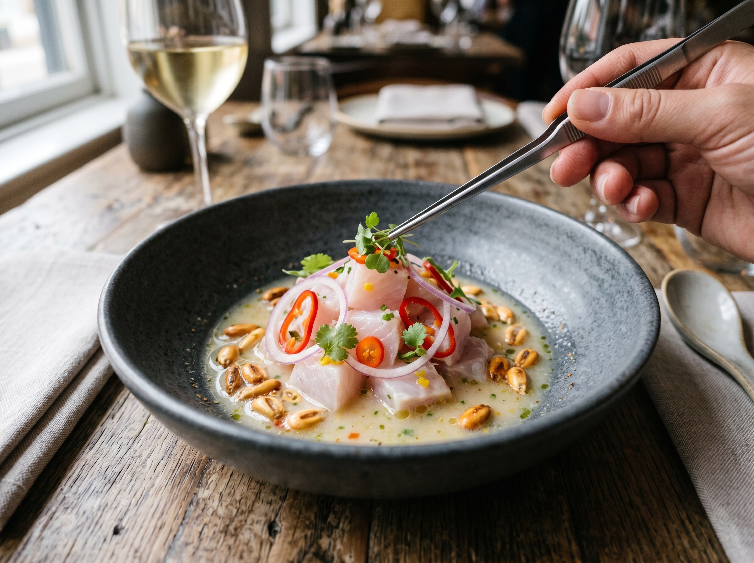 Ceviche limeño en bowl oscuro, mano con pinzas colocando ají rojo, copa de vino blanco al fondo