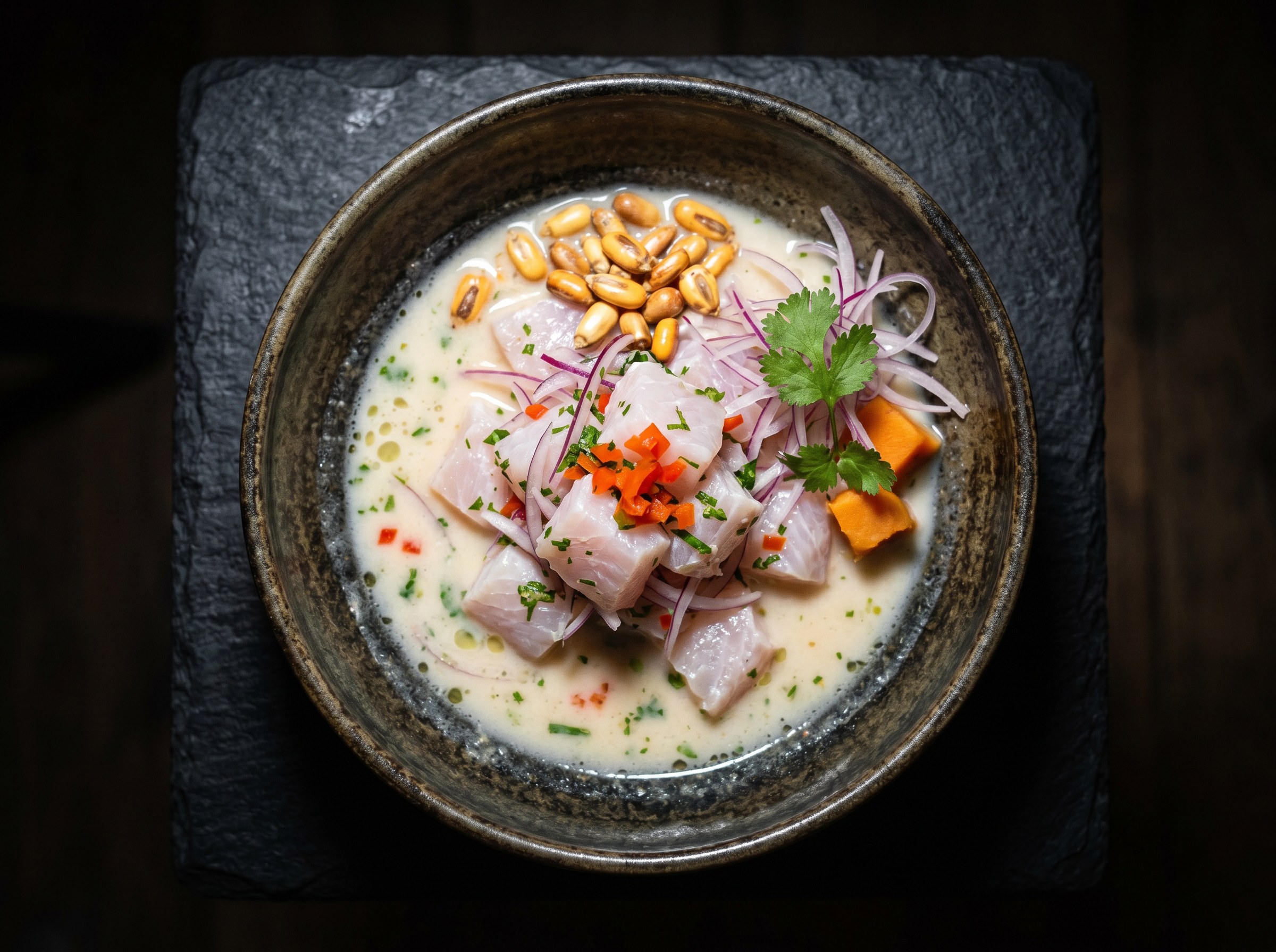 Ceviche clásico limeño con leche de tigre y crocante de cancha