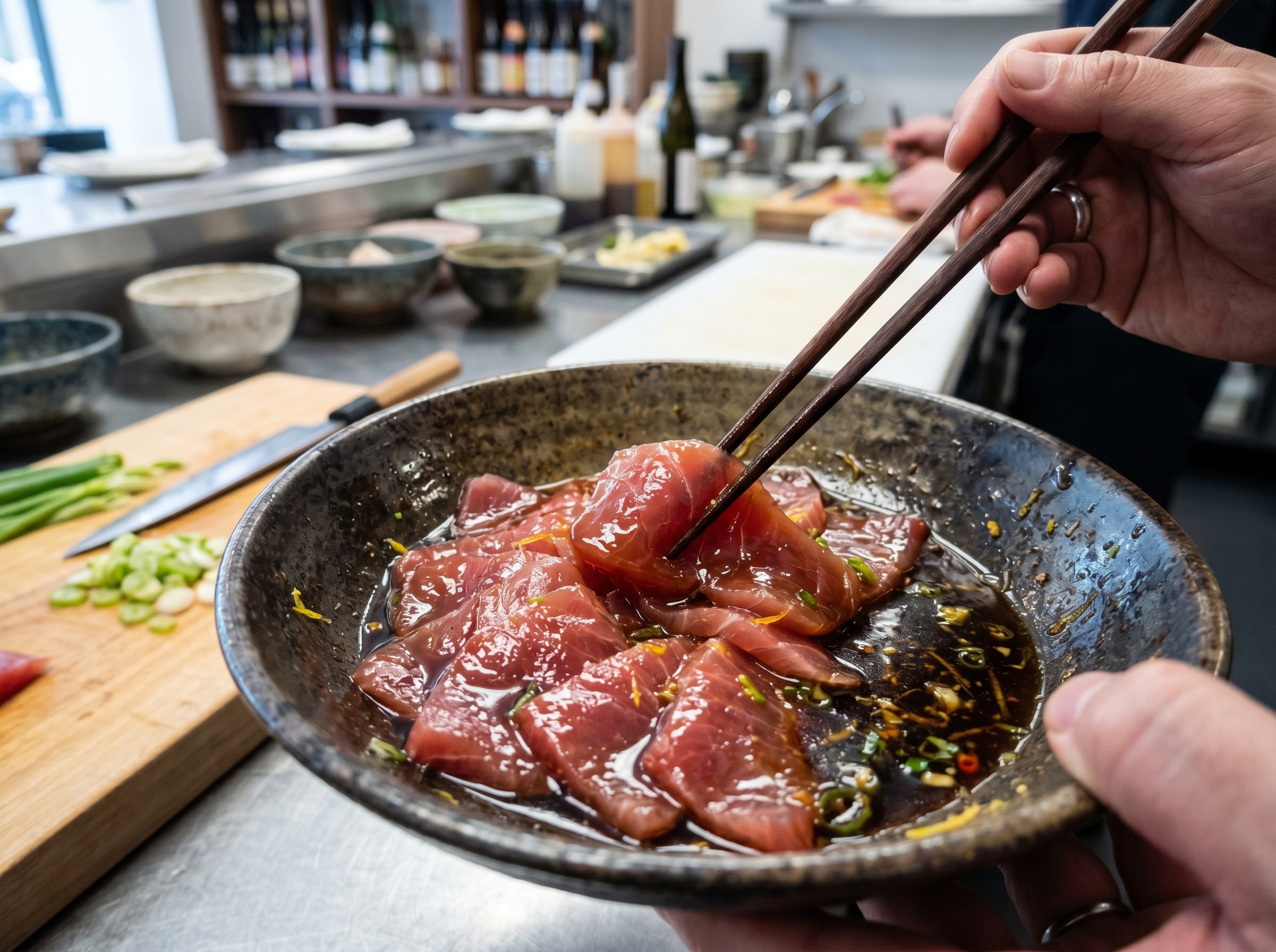 Dados de atún nikkei con palillos en bowl oscuro, representando el marinado de fusión japonesa-peruana