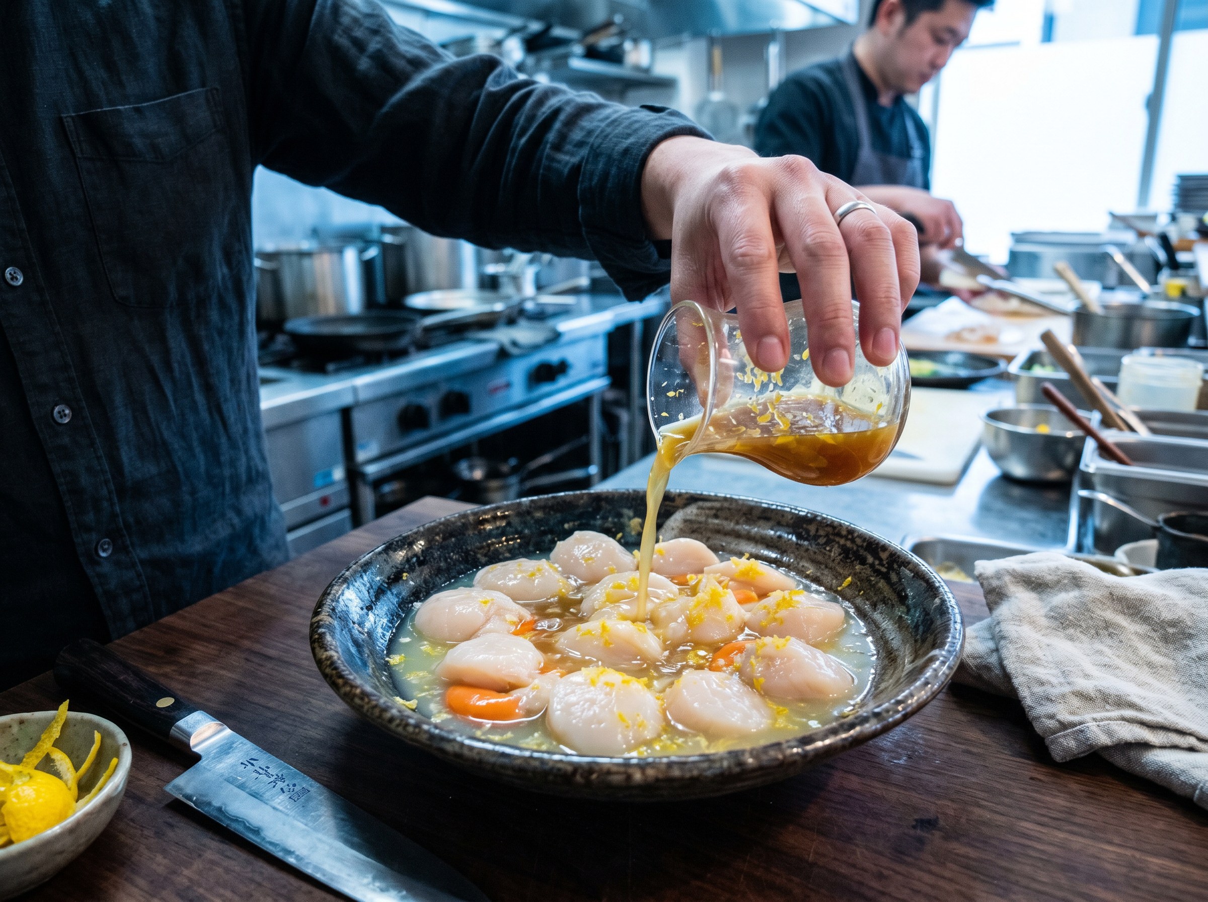 Chef vertiendo leche de tigre de yuzu dorada sobre vieiras en bowl oscuro de cocina profesional