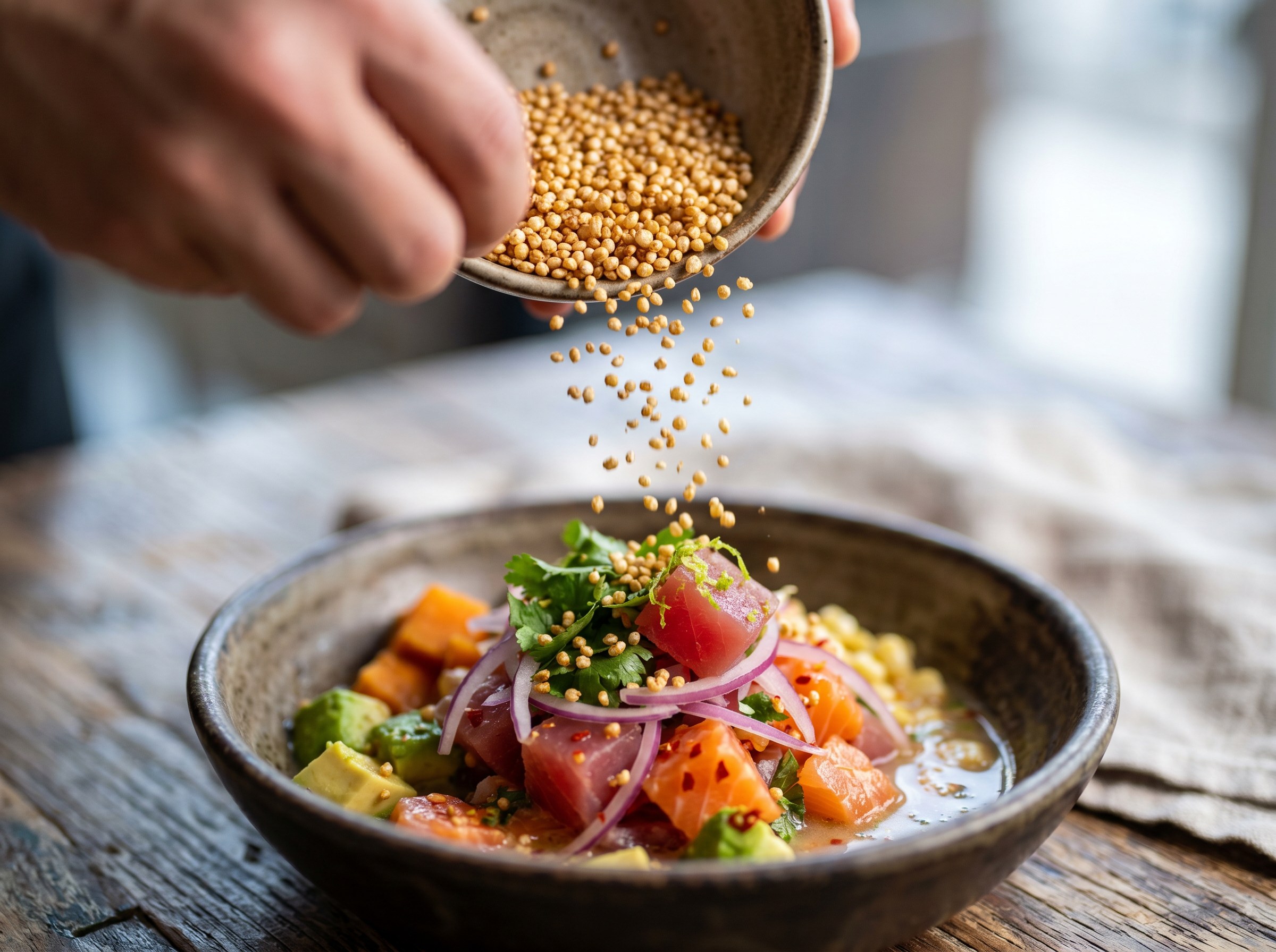 Quinoa crujiente cayendo sobre ceviche nikkei en bowl de cerámica