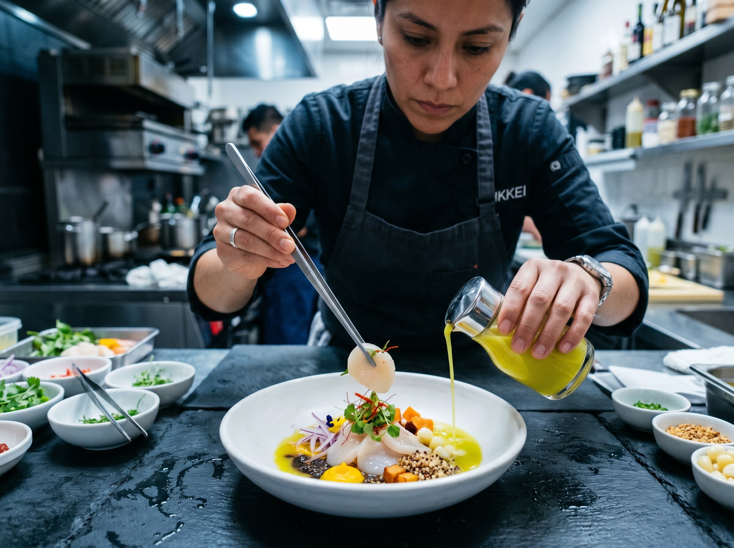 Chefa con chaqueta NIKKEI emplatando con pinzas y vertiendo leche amarilla sobre ceviche