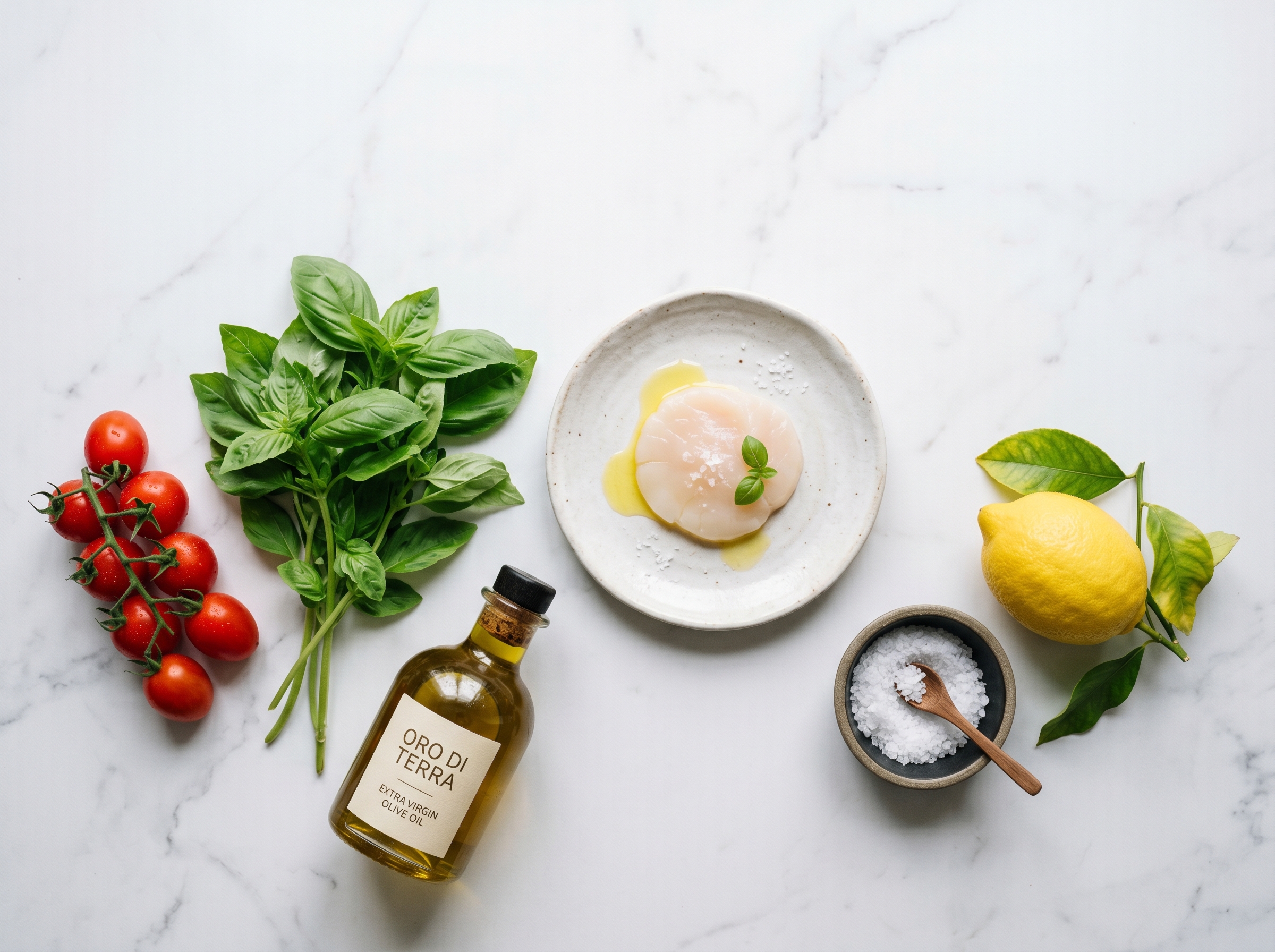 Vieira fresca cruda en platito con aceite, albahaca y limón — preparación previa al corte