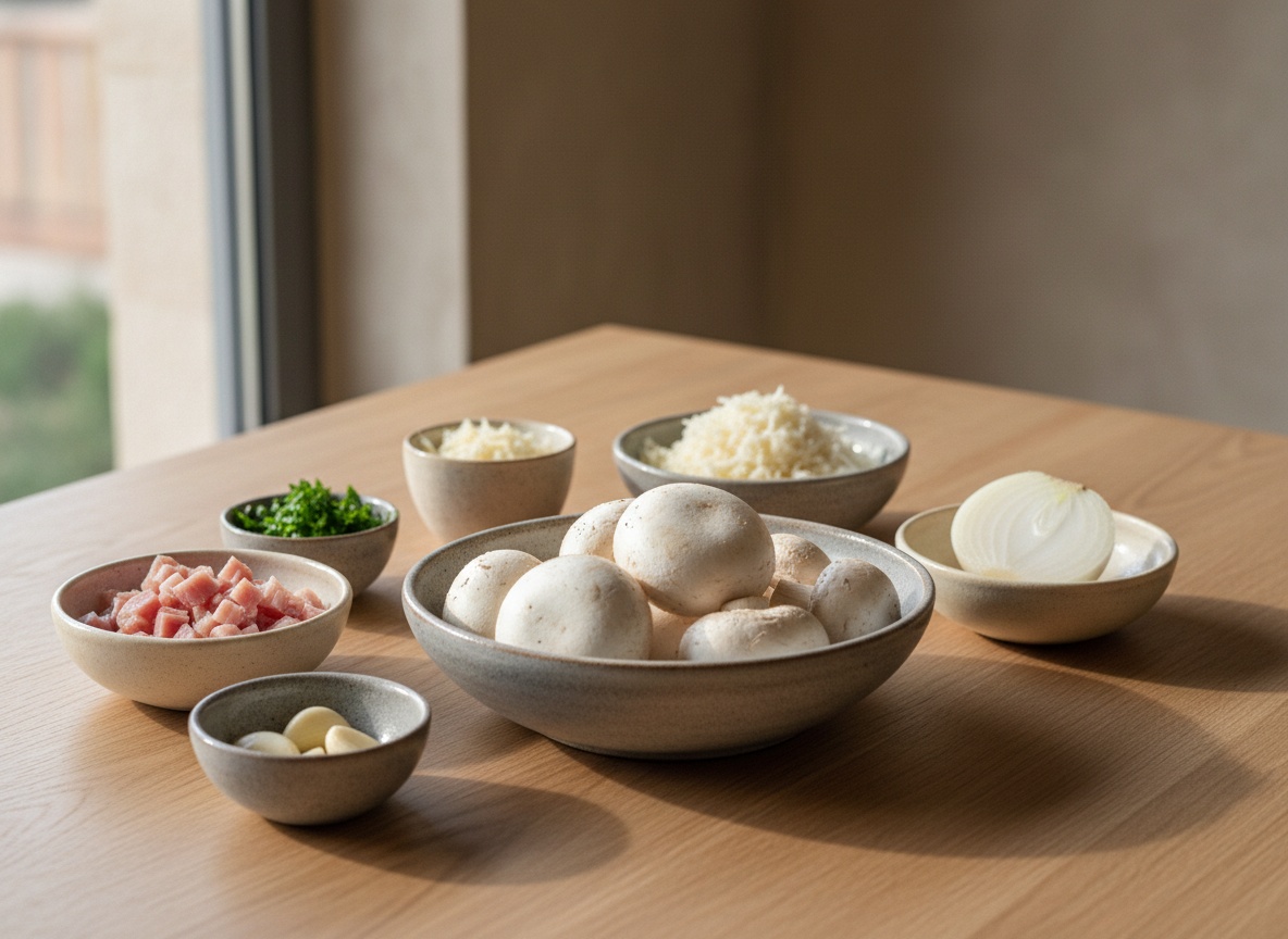 Bodegón de mise en place sobre encimera de piedra gris: champiñones grandes de sombrero cerrado en un cuenco ancho, taquitos de jamón, ajo, media cebolla, queso rallado y perejil, cada uno en su cuenco gris.