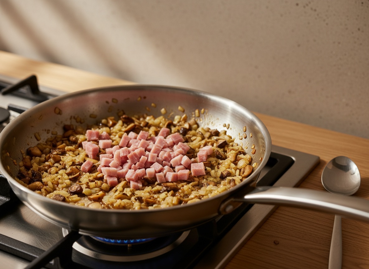 Sartén de acero sobre la placa con llama media, con el sofrito de cebolla, ajo y pie de champiñón picado tomando color dorado en los bordes, y los taquitos de jamón recién añadidos por encima.
