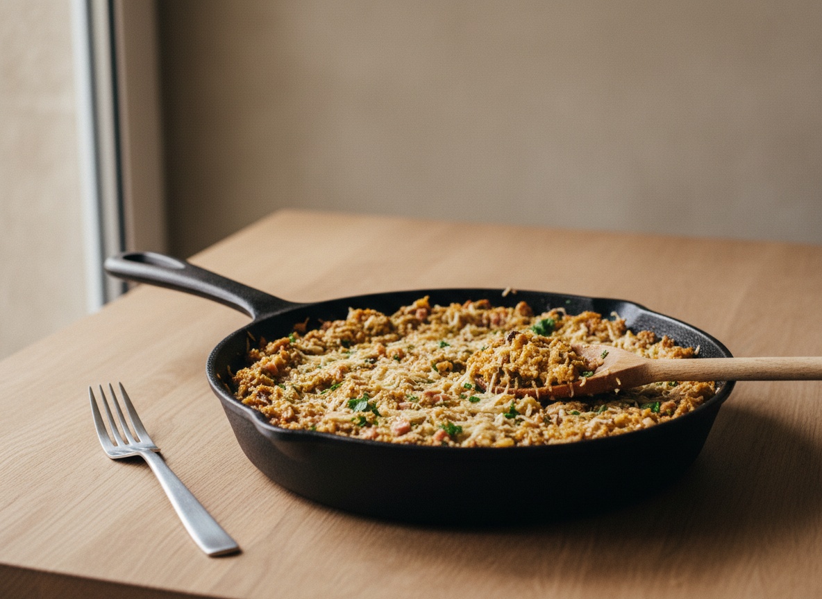 Sartén retirada del fuego con el relleno ya ligado: sofrito con perejil picado, pan rallado y queso rallado fundido, una cuchara de madera hundida en la mezcla; textura compacta y brillante.