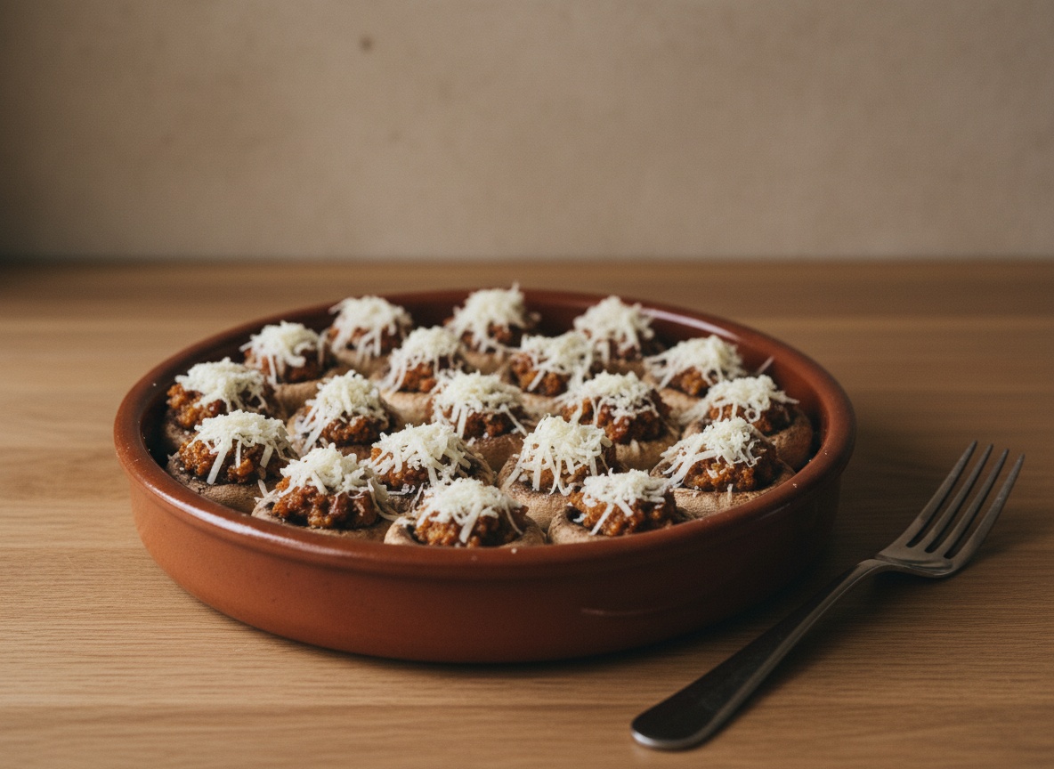 Cazuela de barro con dieciséis sombreros de champiñón boca arriba, cada uno rellenado con un montículo del sofrito de jamón y cubierto de queso manchego rallado, todavía crudo, listos para el grill.