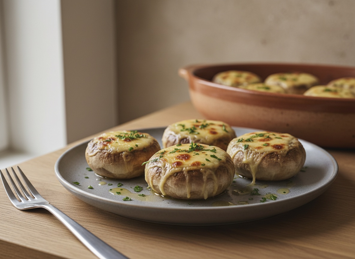 Cazuela de barro con champiñones rellenos de jamón y queso gratinado, superficie dorada con puntos tostados, sobre plato de cerámica gris piedra