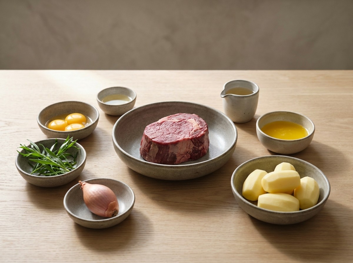 Ingredientes del chateaubriand: solomillo, patatas, yemas, estragón, chalota, vinagre y mantequilla clarificada