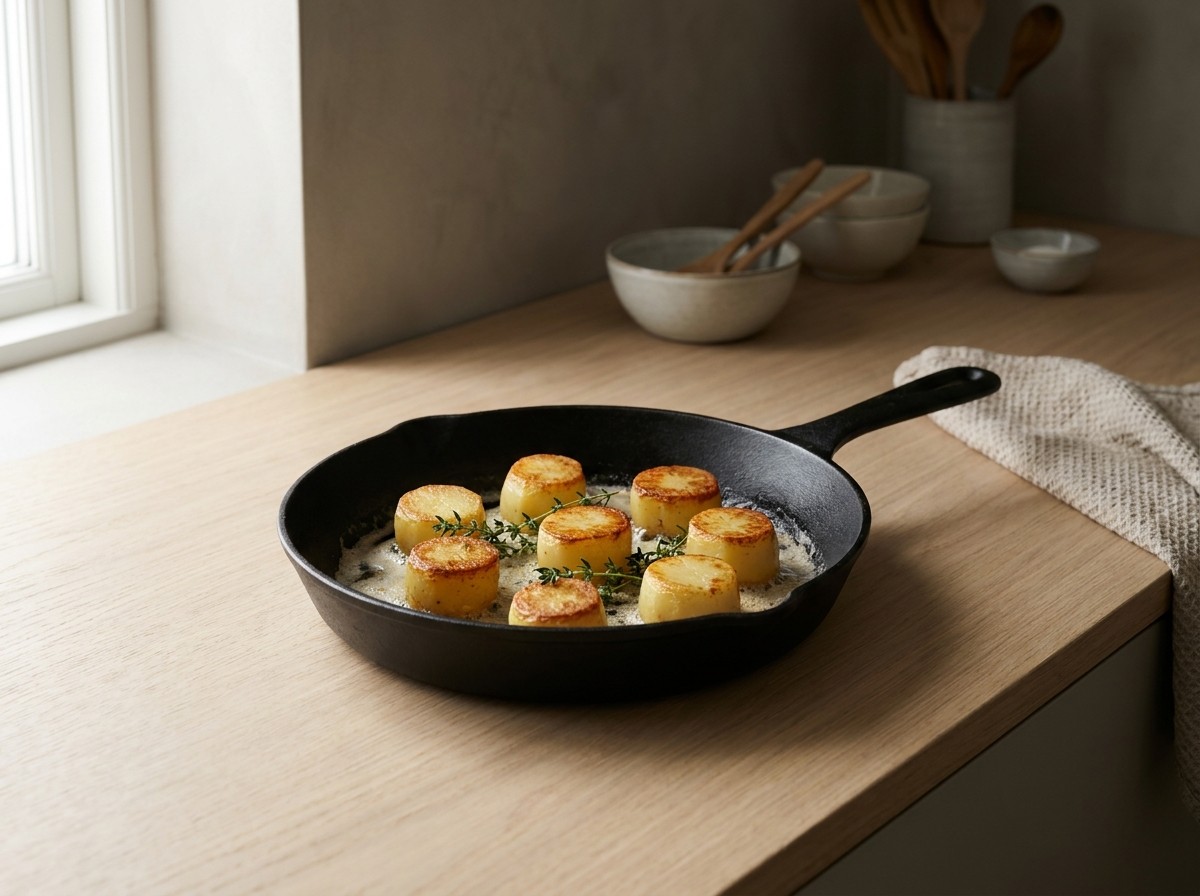 Patatas fondant dorándose en mantequilla con tomillo