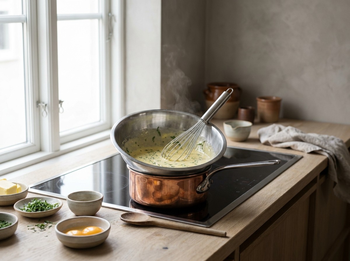 Salsa béarnaise emulsionándose al baño maría con estragón