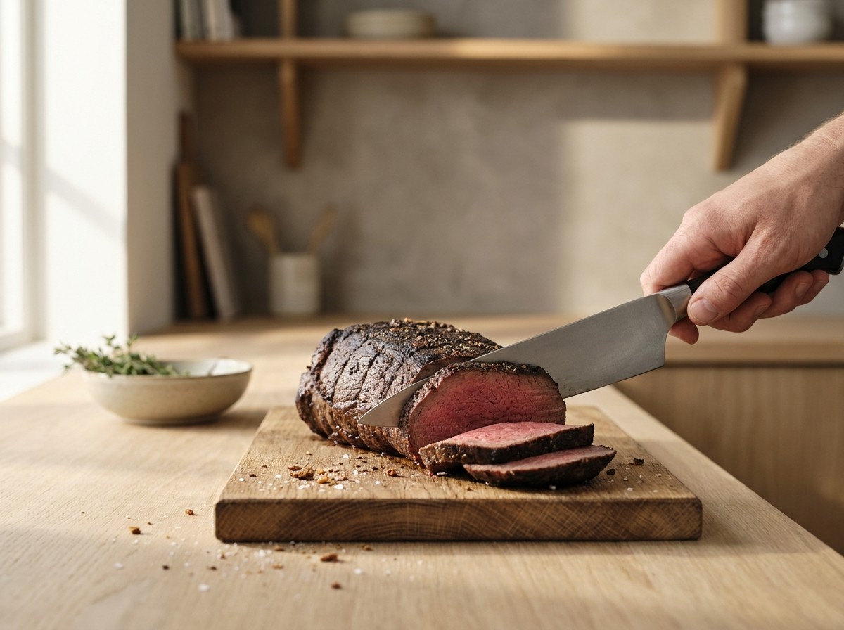 Chateaubriand cortándose en lonchas rosadas sobre la tabla