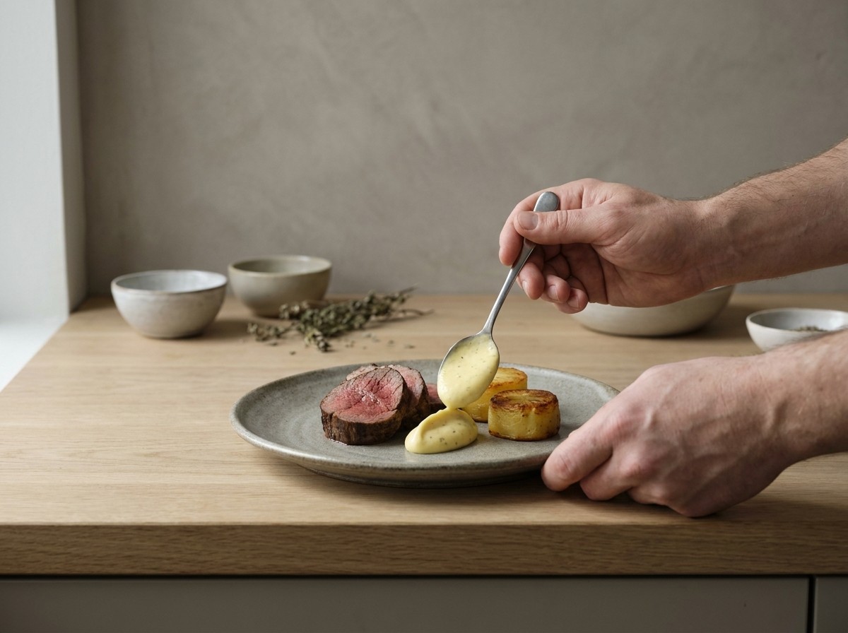 Emplatado con lonchas de solomillo, patatas fondant y quenelle de béarnaise
