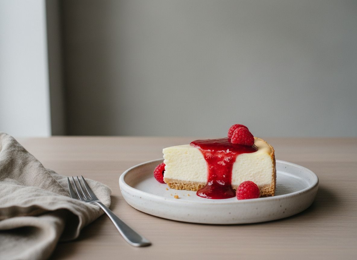 Porción de cheesecake de frambuesa con base de galleta napada con coulis rojo brillante y frambuesas frescas, sobre plato blanco hueso, luz natural suave desde la izquierda.