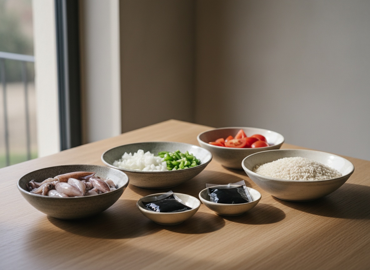 Los chipirones, la cebolla, el pimiento, el tomate, las bolsas de tinta y el arroz vistos de lado en cuencos de cerámica artesanal sobre tabla de roble, con luz natural desde la izquierda.