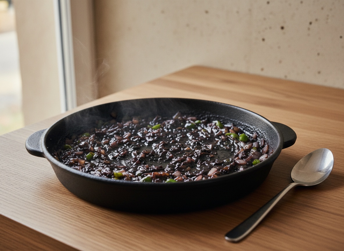 El sofrito de cebolla y pimiento pochándose despacio en la cazuela.