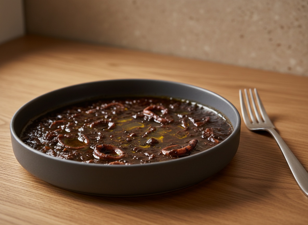 El sofrito oscurecido con el tomate ya reducido y el aceite aflorando.