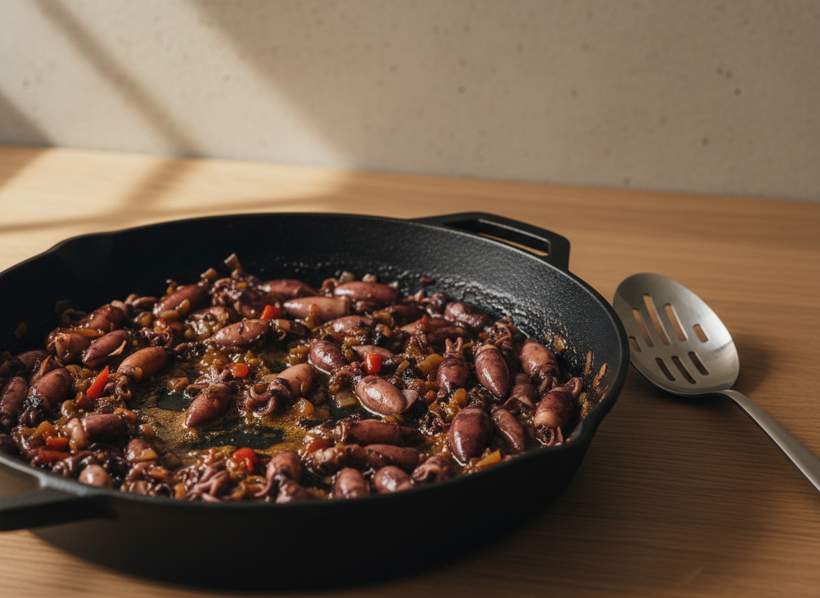Los chipirones salteándose en el sofrito antes de desglasar con vino.