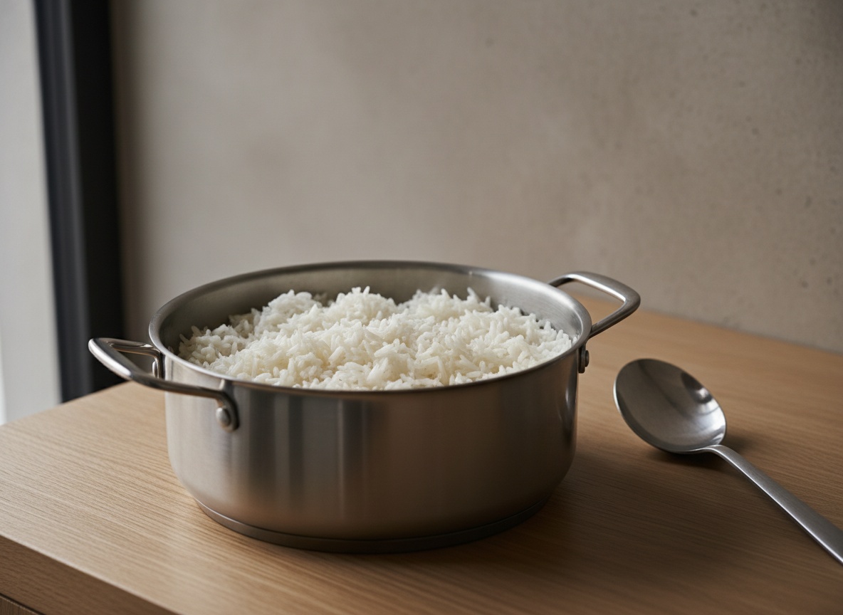El arroz blanco recién cocido y suelto en el cazo.