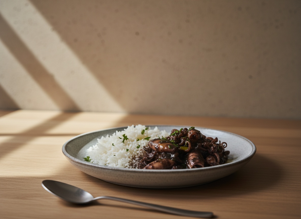Chipirones enteros napados en una salsa negra de tinta brillante junto a un aro de arroz blanco meloso en un plato de cerámica gris piedra, con vapor tenue y luz natural suave desde la izquierda sobre tabla de roble.