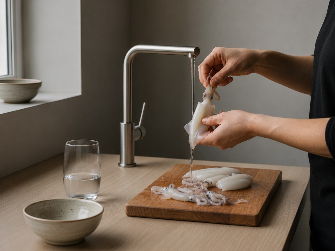 Manos limpiando un chipirón bajo el agua, retirando la pluma transparente y separando los tentáculos