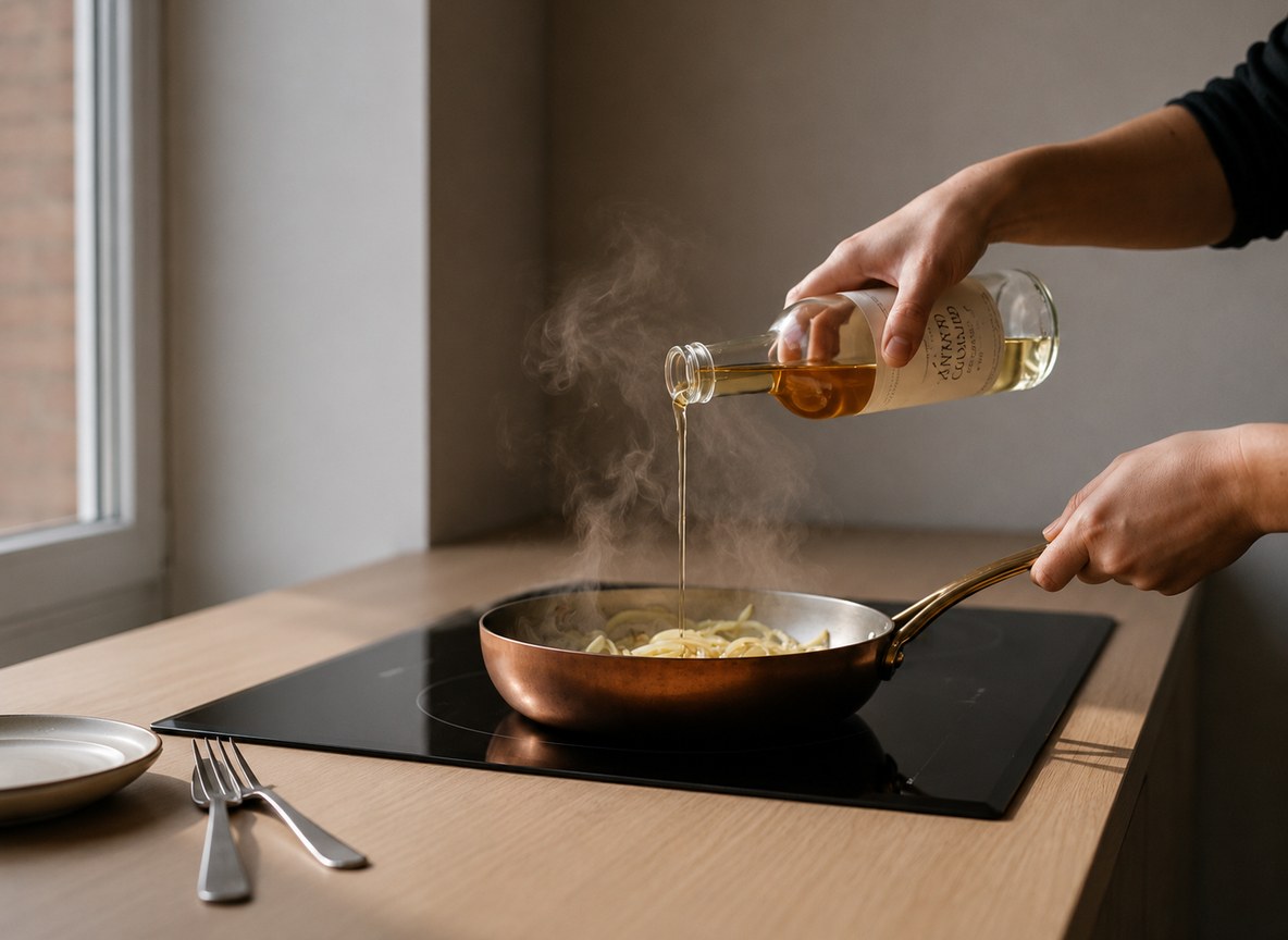 Vino blanco desglasando la cazuela de cebolla mientras se raspa el fondo caramelizado con cuchara de madera