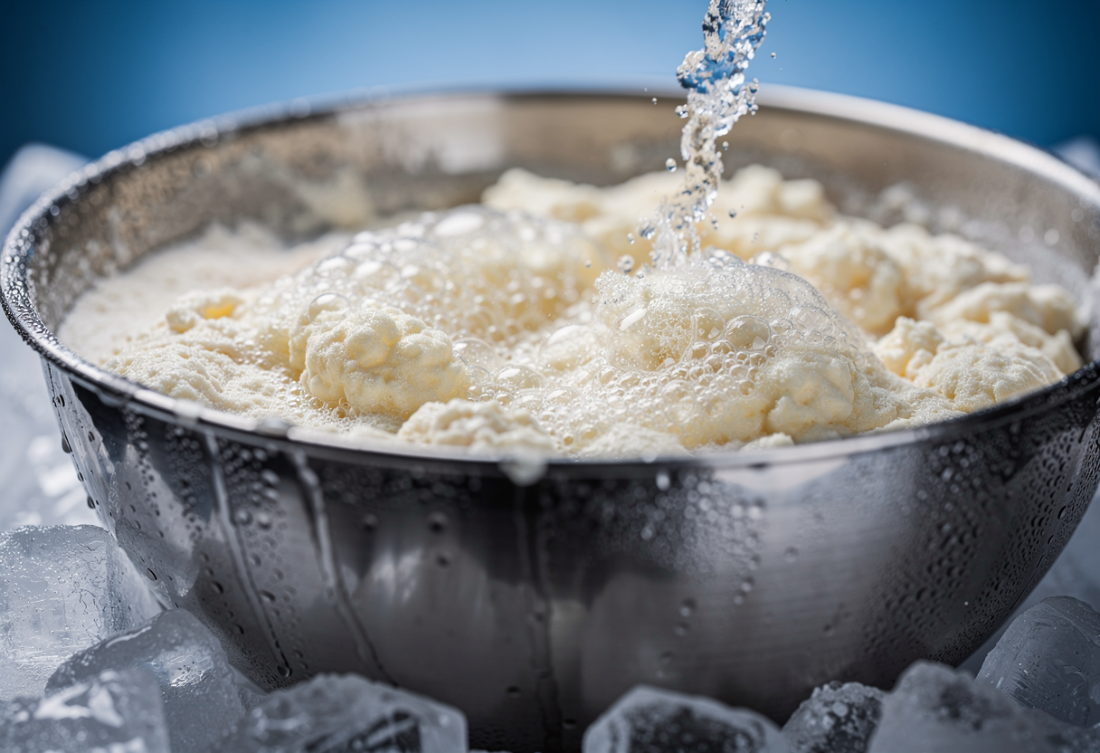 Masa de tempura fría con agua con gas sobre hielo, burbujas de carbonatación
