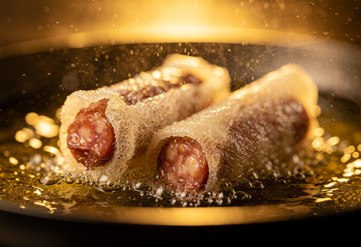 Chistorra en tempura friéndose en aceite dorado a 185°C, carne roja visible