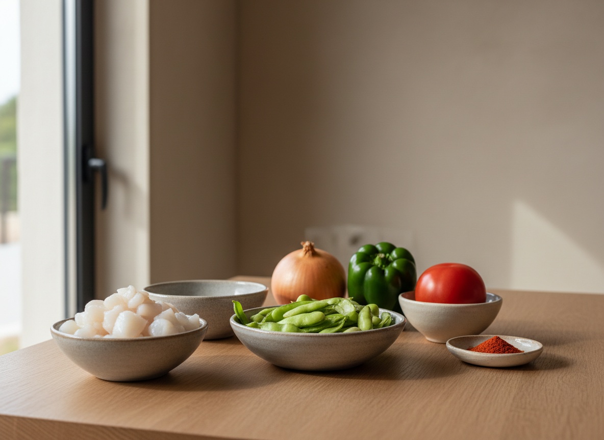El choco en dados, las habas peladas, la cebolla, el pimiento, el tomate y el pimentón vistos de lado en cuencos de cerámica artesanal sobre tabla de roble, con luz natural desde la izquierda.