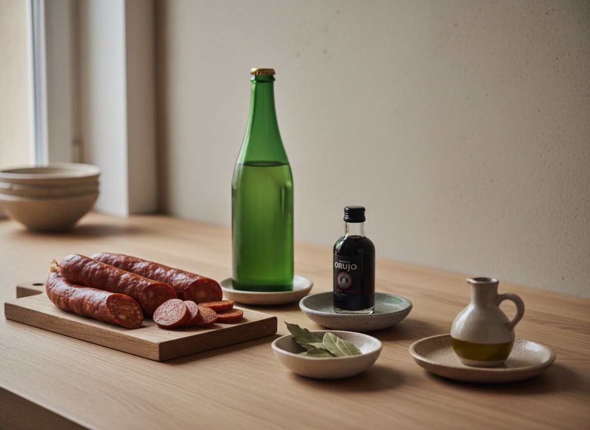 Ingredientes del chorizo a la sidra vistos de lado: chorizos de guiso, una botella de sidra natural, orujo, laurel y aceite sobre tabla de roble