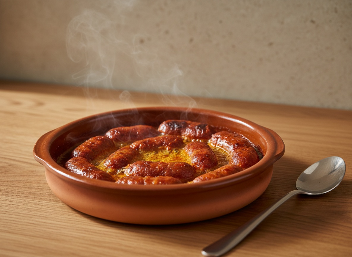 Chorizos dorándose en la cazuela de barro y soltando su grasa roja de pimentón